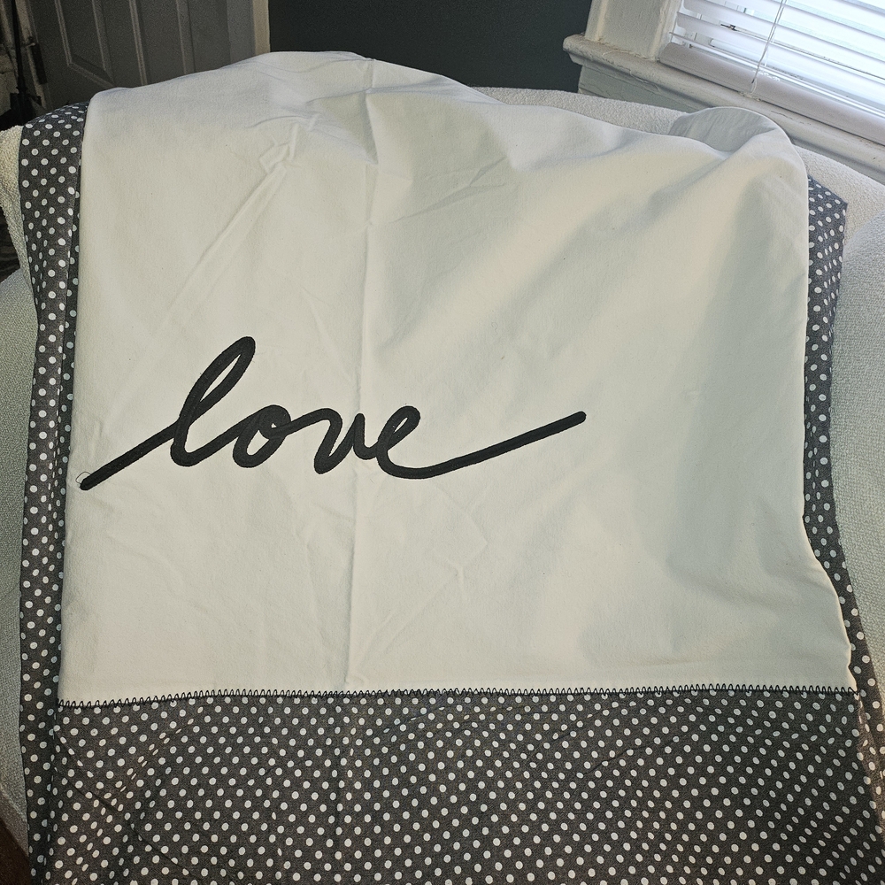 Ellen Degeneres White and Gray Love Shower Curtain Gently Used- Like New.